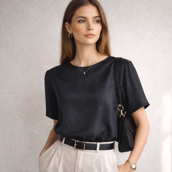 Bedford Fair Lifestyles Tops - Vintage 90s 100% Silk Short Sleeve Black Blouse Size Med Minimalist Quiet Luxury